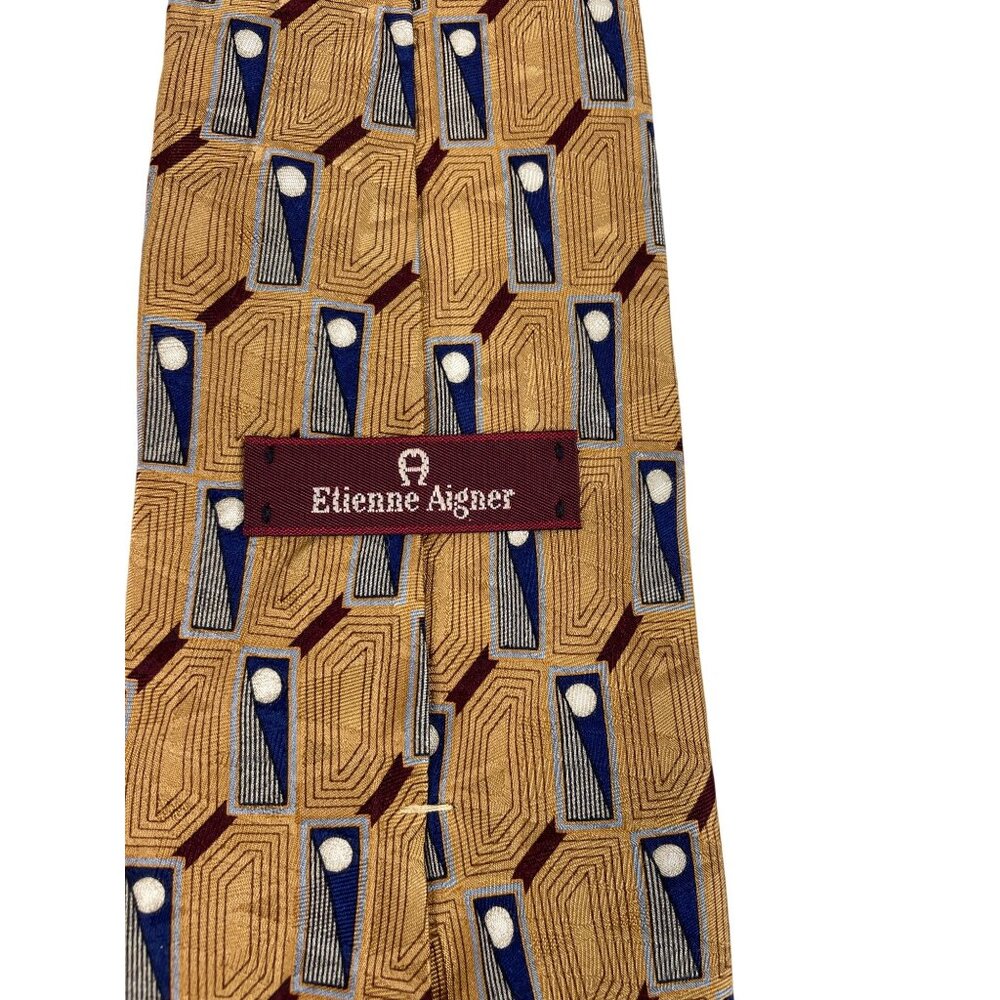 Etienne Aigner Brown Red Blue Geometric Print 100% Silk Mens Tie Necktie - Picture 4 of 5
